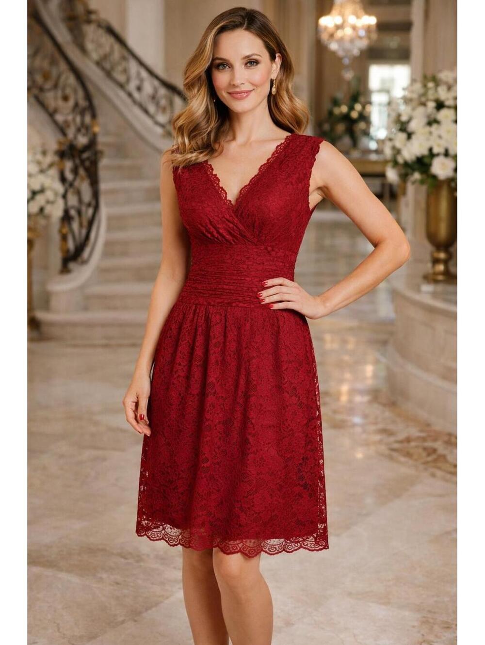 London Times Red Lace Fit & Flare Dress Size 10 Elegant V-Neck Cocktail Party